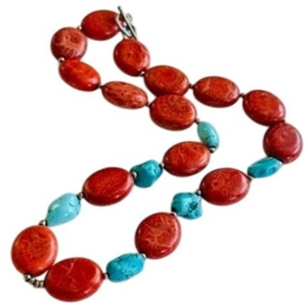 VTG red Sponge Coral Natural Necklace Beaded Genuine Collar Blue Turquoise Beads